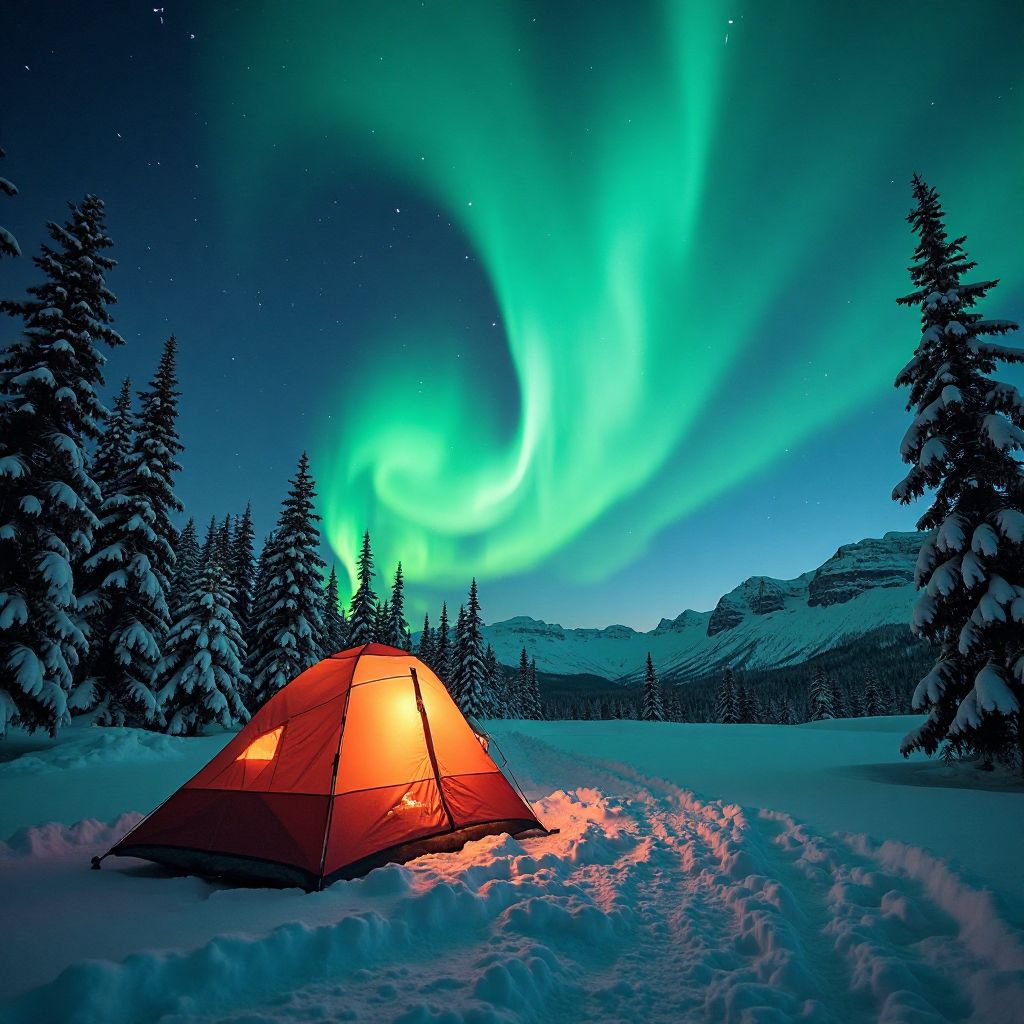 Winter camping under northern lights